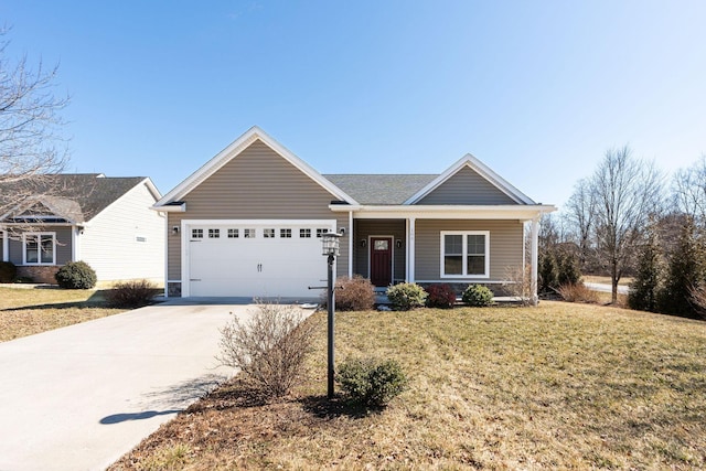 ranch-style house featuring driveway, a front yard, covered porch, and an attached garage