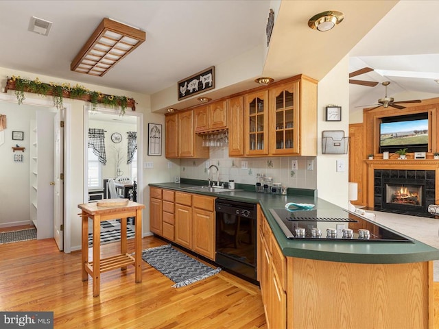 kitchen with sink, a fireplace, light wood-type flooring, and black appliances