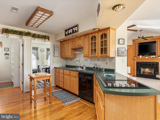 kitchen with tasteful backsplash, sink, light hardwood / wood-style flooring, and black appliances