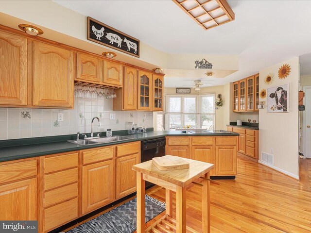 kitchen with tasteful backsplash, light hardwood / wood-style floors, sink, and dishwasher