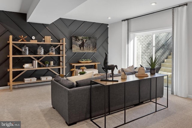 living room featuring light colored carpet