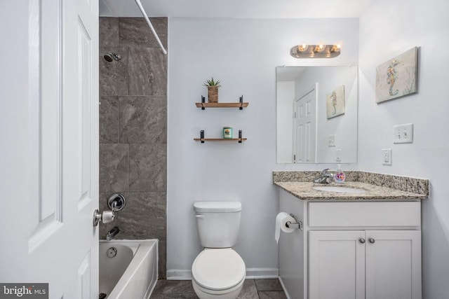 bathroom with toilet, bathing tub / shower combination, baseboards, and vanity