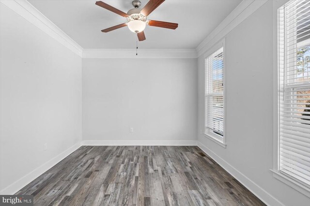 spare room with ornamental molding, dark wood-type flooring, and ceiling fan