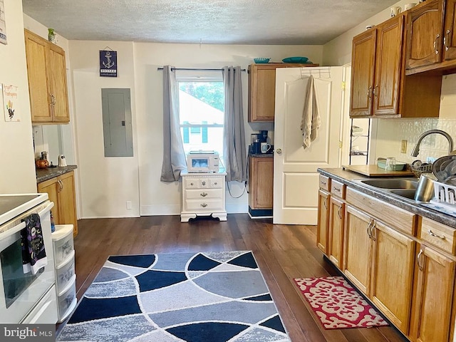 kitchen with a textured ceiling, white electric range, a sink, electric panel, and dark wood finished floors