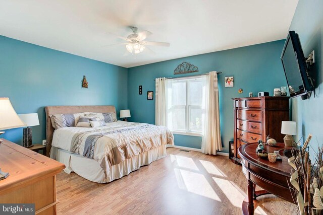 bedroom featuring ceiling fan and light wood-type flooring