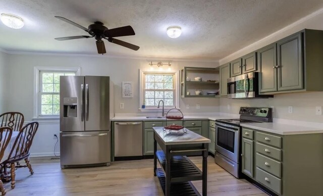 kitchen featuring appliances with stainless steel finishes, plenty of natural light, green cabinets, and light hardwood / wood-style flooring