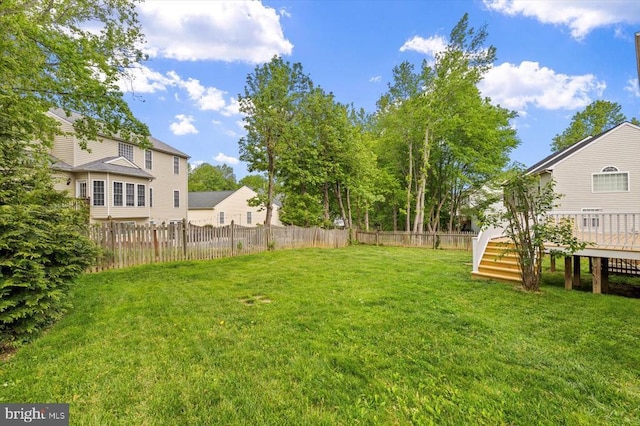 view of yard with a fenced backyard and a wooden deck