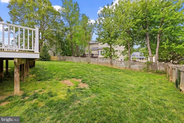 view of yard with a fenced backyard and a deck