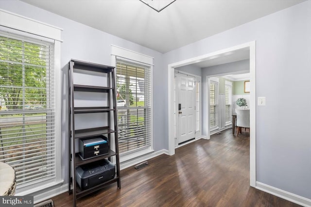 entryway with baseboards, wood finished floors, a healthy amount of sunlight, and visible vents