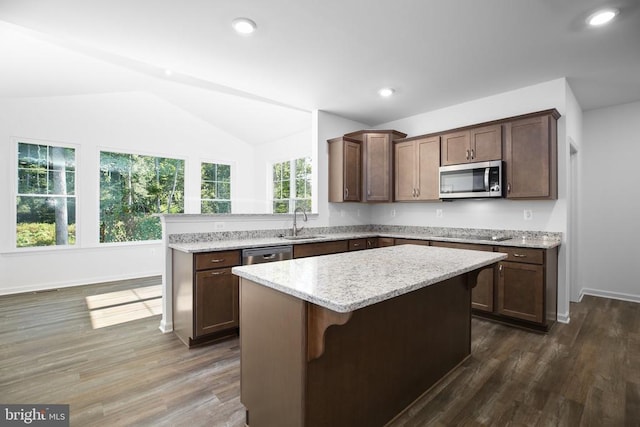 kitchen featuring dark wood-type flooring, lofted ceiling, stainless steel appliances, and a center island