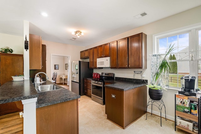kitchen with visible vents, dark countertops, a sink, a peninsula, and stainless steel appliances