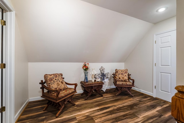 sitting room featuring recessed lighting, baseboards, dark wood-style flooring, and lofted ceiling