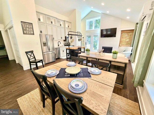 dining space with sink, dark hardwood / wood-style floors, high vaulted ceiling, and a large fireplace