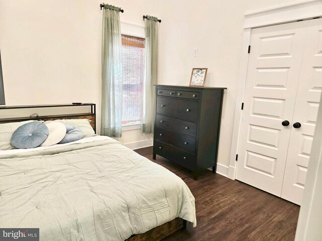 bedroom featuring dark wood-type flooring and a closet