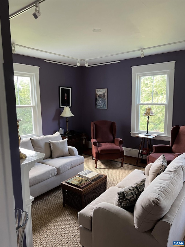 living room featuring track lighting