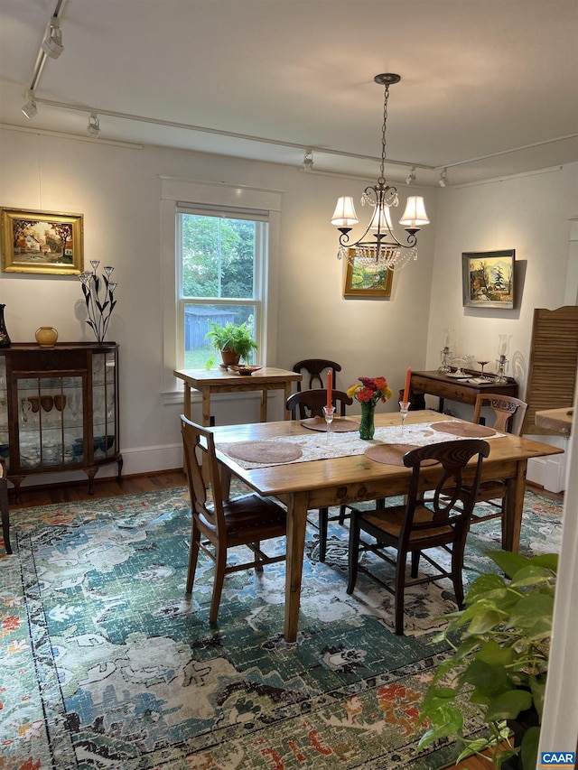 dining space with hardwood / wood-style floors and track lighting