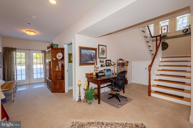 office area with carpet flooring, french doors, baseboards, and visible vents