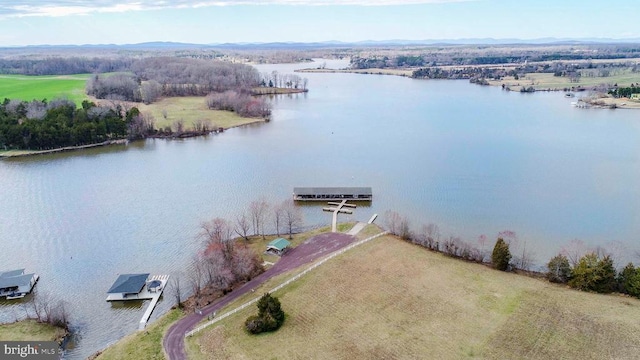 drone / aerial view featuring a water view