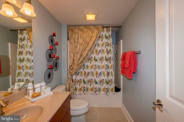 bathroom featuring baseboards, toilet, shower / tub combo with curtain, tile patterned floors, and vanity