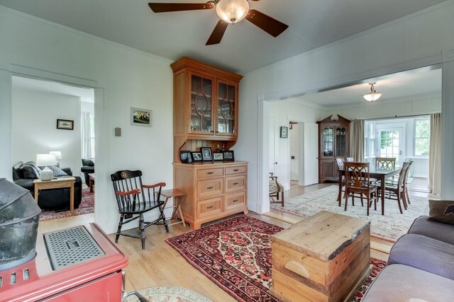 living room featuring crown molding, ceiling fan, and light hardwood / wood-style floors