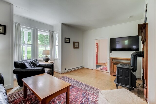 living room featuring a baseboard radiator and light wood-type flooring