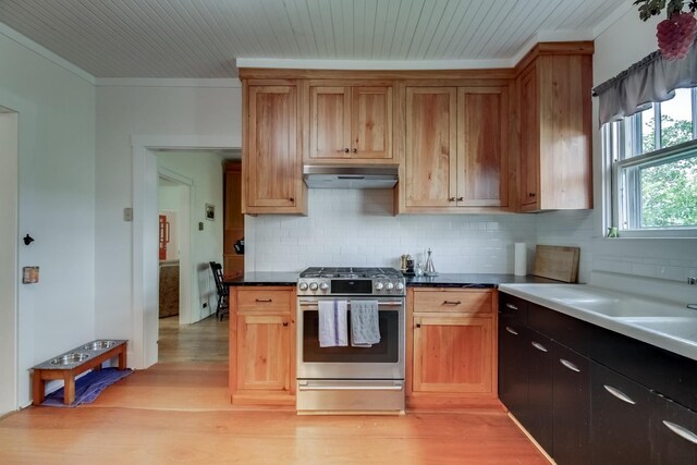 kitchen featuring light hardwood / wood-style flooring, backsplash, stainless steel gas range, and ornamental molding