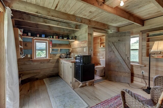 kitchen featuring light wood-type flooring, wooden ceiling, and wood walls