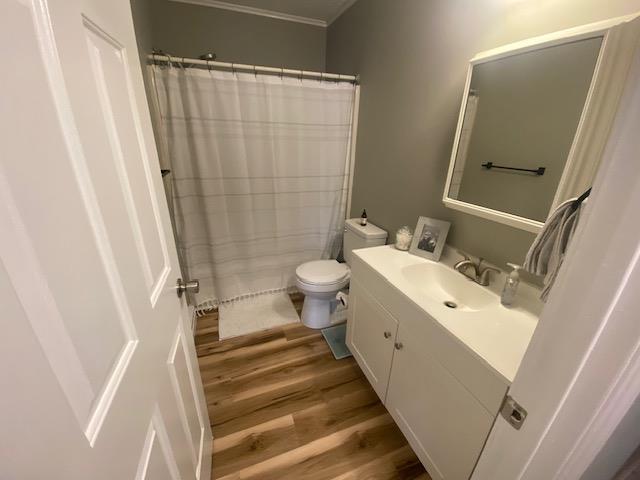 full bathroom featuring toilet, curtained shower, wood finished floors, and vanity