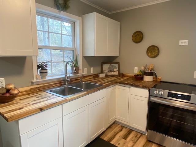 kitchen featuring white cabinets, wood counters, ornamental molding, stainless steel range with electric cooktop, and a sink