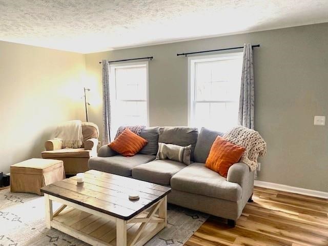 living area with light wood-type flooring, a wealth of natural light, a textured ceiling, and baseboards