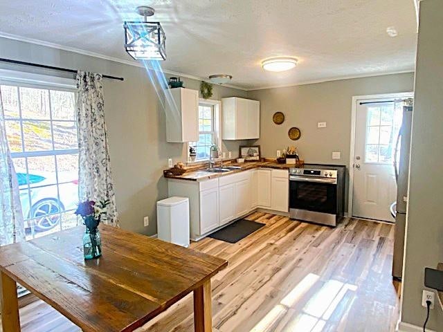 kitchen featuring white cabinets, ornamental molding, stainless steel appliances, and a wealth of natural light