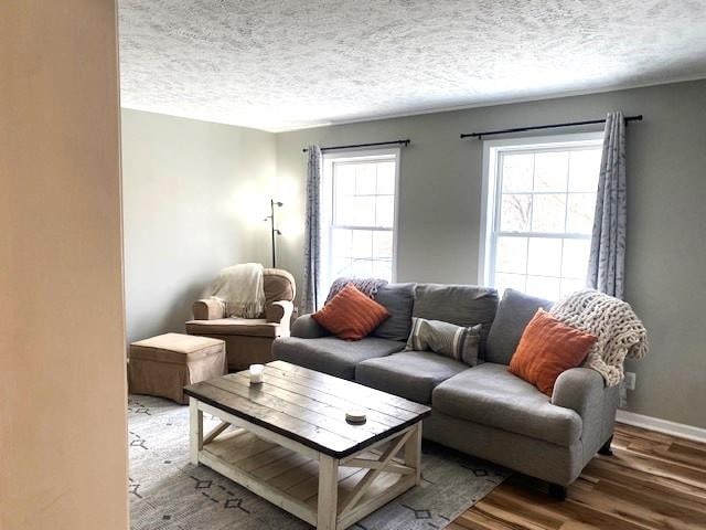 living area featuring a textured ceiling, wood finished floors, and baseboards