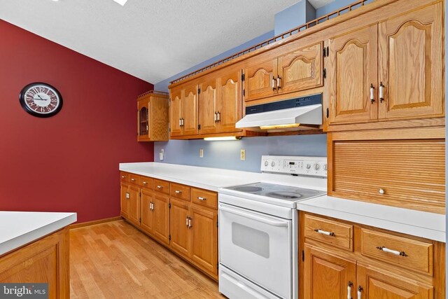 kitchen featuring electric range and light hardwood / wood-style flooring