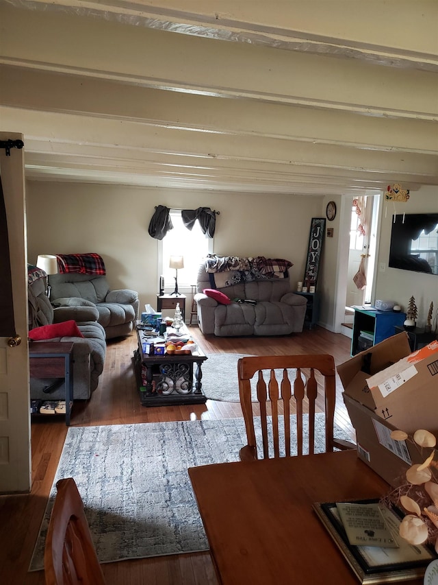 living room with dark hardwood / wood-style flooring