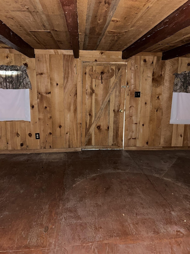 interior space with wooden walls and wooden ceiling