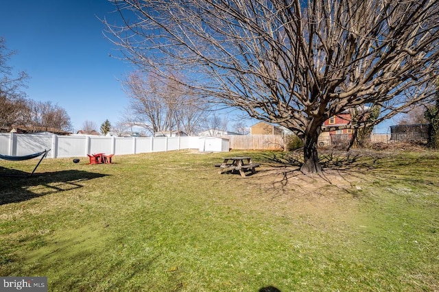 view of yard featuring a storage shed, a fenced backyard, and an outbuilding