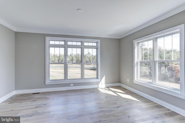 unfurnished room featuring ornamental molding and light wood-type flooring