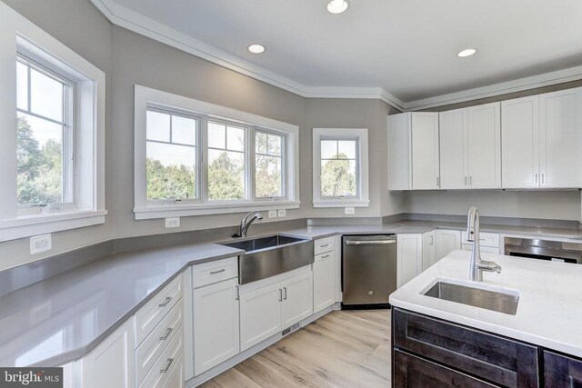 kitchen with stainless steel dishwasher, sink, and white cabinets