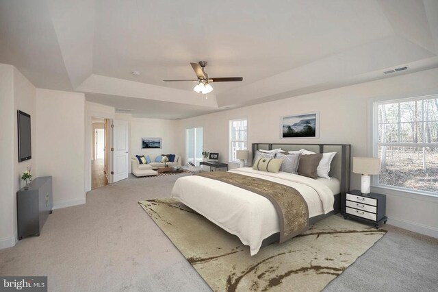 bedroom featuring multiple windows, light colored carpet, and a tray ceiling