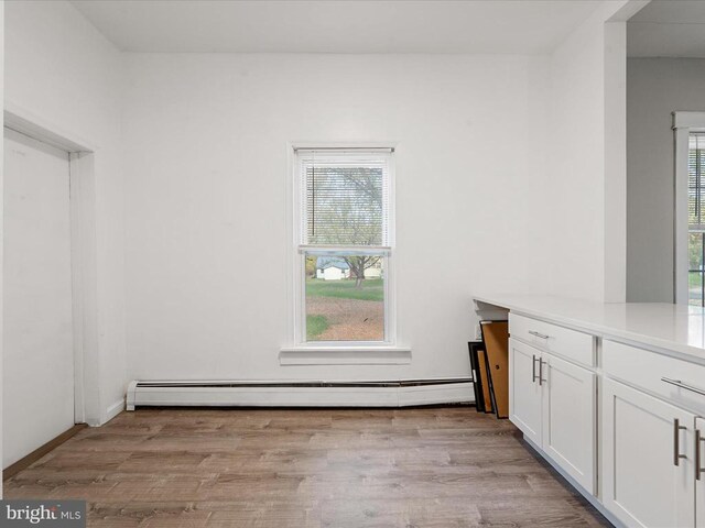 interior space featuring a healthy amount of sunlight, light hardwood / wood-style flooring, and a baseboard heating unit