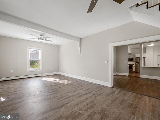 unfurnished living room with hardwood / wood-style flooring, a baseboard radiator, and ceiling fan