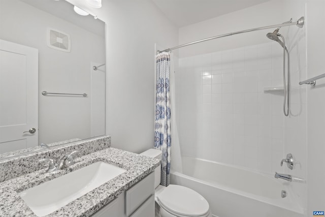 full bathroom with toilet, shower / bath combo, and vanity