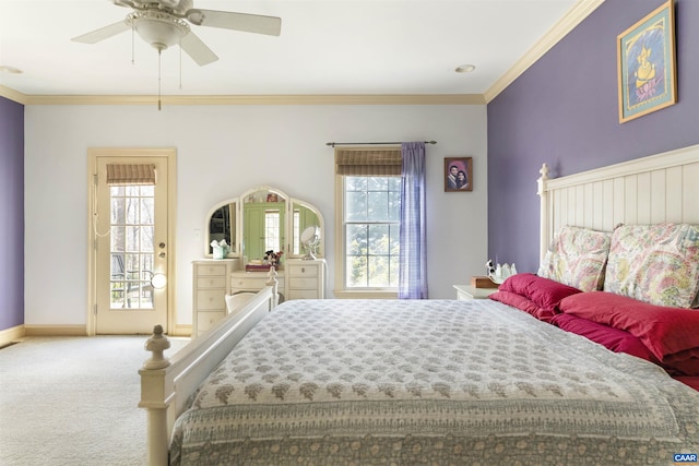 bedroom featuring ceiling fan, carpet flooring, baseboards, and ornamental molding