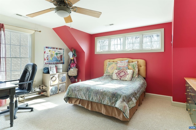 bedroom with baseboards, visible vents, carpet floors, and ceiling fan