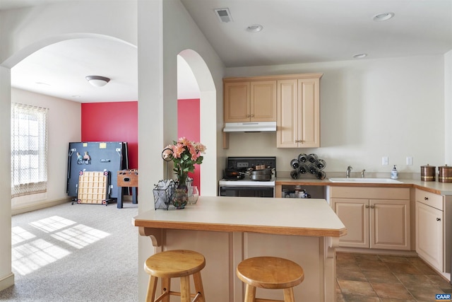 kitchen with arched walkways, a sink, stove, under cabinet range hood, and a kitchen bar