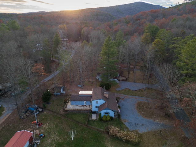 birds eye view of property with a mountain view and a view of trees