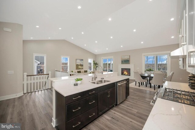 kitchen with vaulted ceiling, sink, stainless steel dishwasher, light stone counters, and light hardwood / wood-style floors