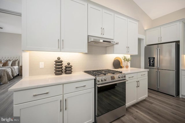 kitchen with white cabinetry, appliances with stainless steel finishes, dark wood-type flooring, and tasteful backsplash