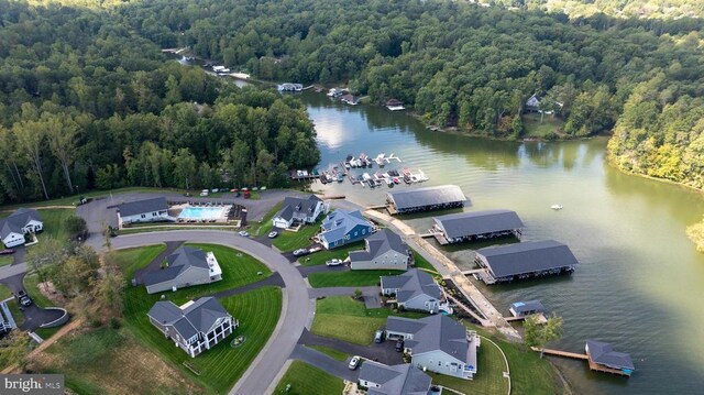 drone / aerial view featuring a water view