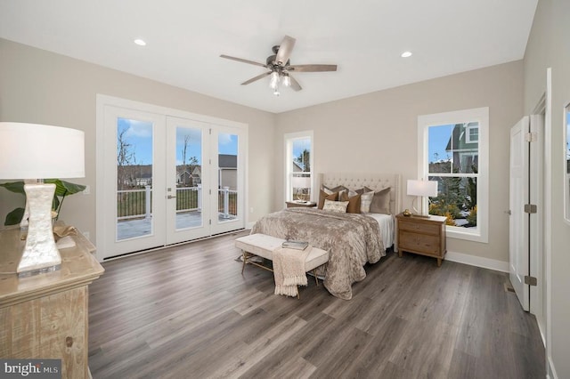 bedroom with dark wood-type flooring, ceiling fan, french doors, and access to outside